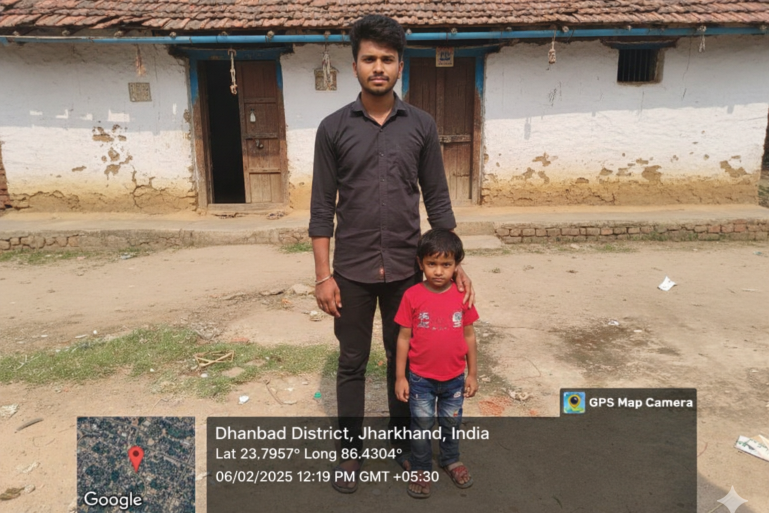 Sample Geo-Tagged Photo showing home with parent and student, GPS coordinates, date, time and location